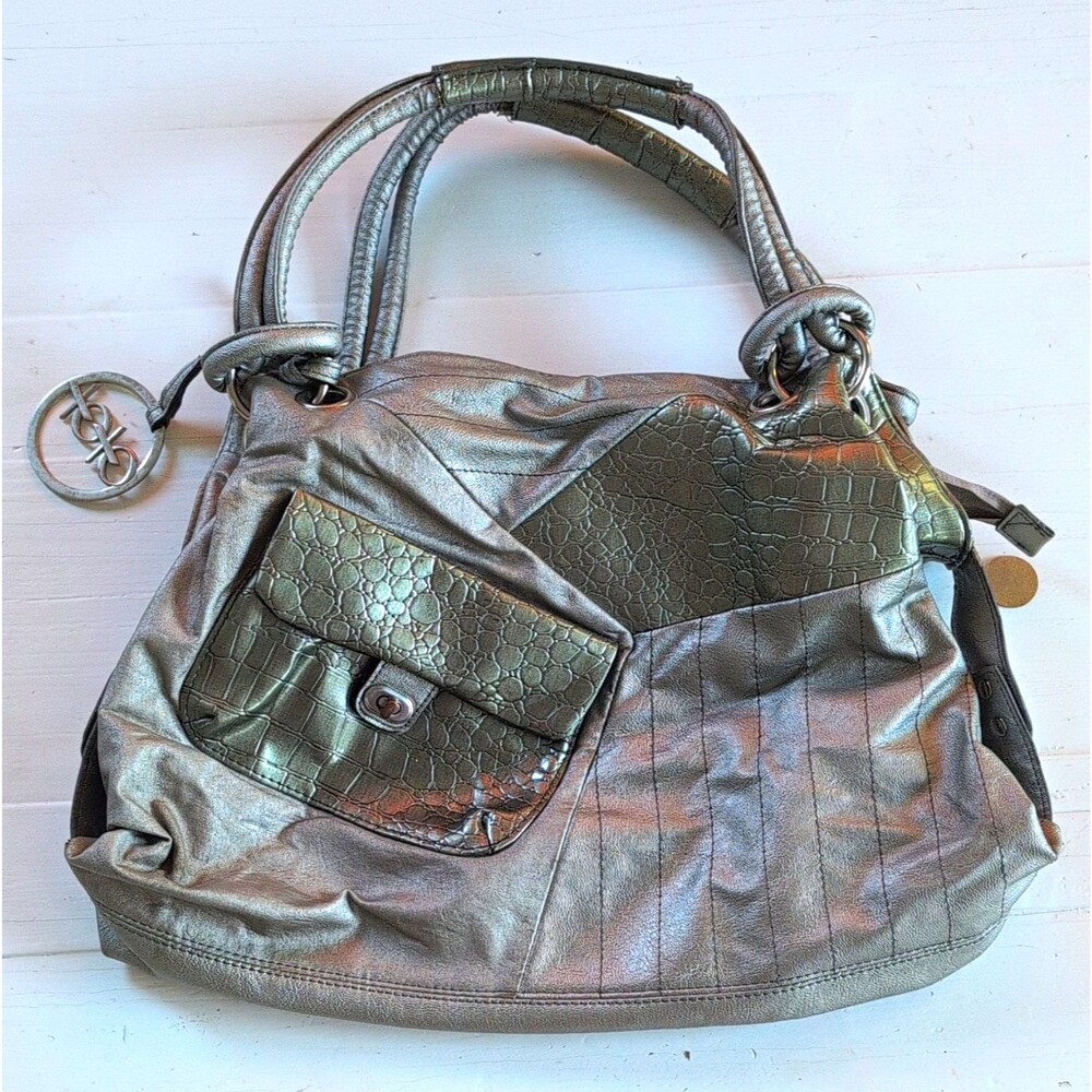 Y2K XOXO Metallic Silver Hobo Bag Faux Crocodile Patchwork Pocket Slouchy